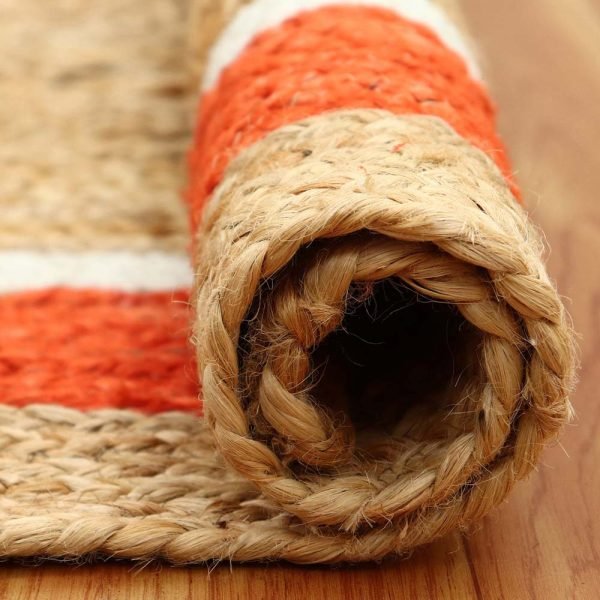 Hand Braided Bordered Beige Orange Jute Rug - Image 4