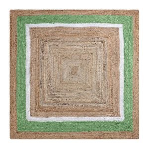Hand Braided Green Beige Square Jute Rug