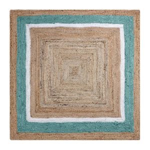 Hand Braided Turquoise Beige Square Jute Rug