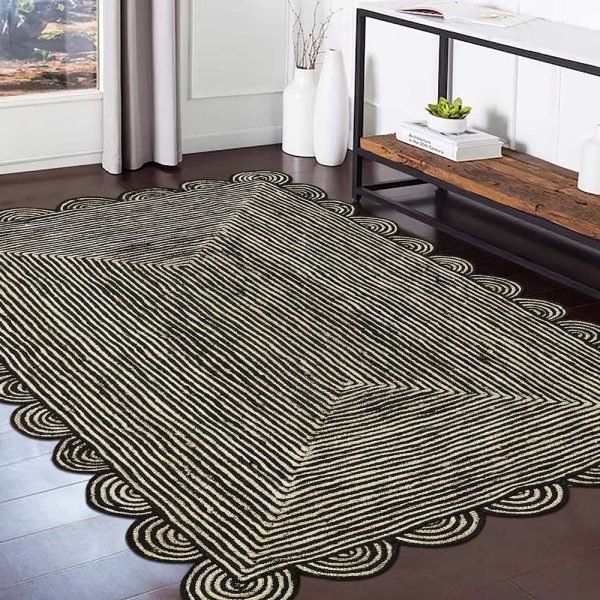 Scalloped Hand Braided Beige Black Area Rug - Image 2
