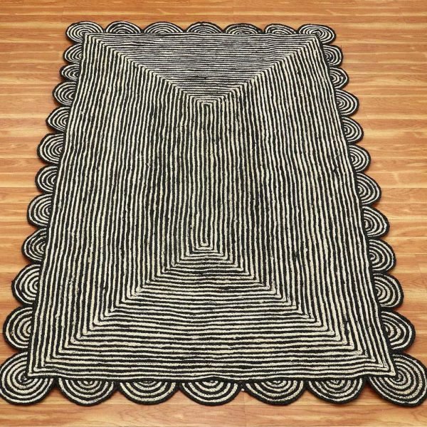 Scalloped Hand Braided Beige Black Area Rug - Image 3