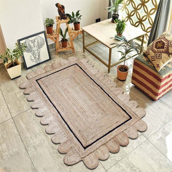 Hand Braided Scalloped Beige Jute Large Rug - Image 2