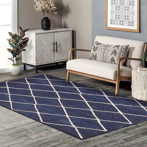 Blue White Handmade Geometric Jute Area Rug - Image 2