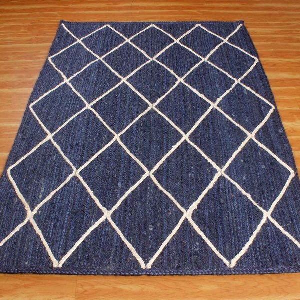 Blue White Handmade Geometric Jute Area Rug - Image 3