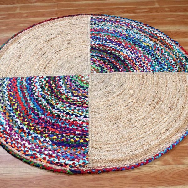 Indian Hand Braided Cotton Jute Multicolor Round Area Rug - Image 3