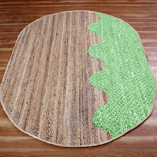 Green Beige Cotton Jute Oval Handmade Rug