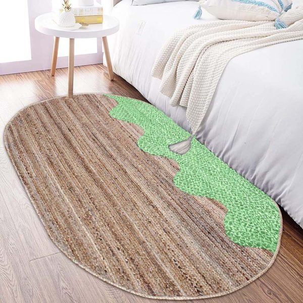 Green Beige Cotton Jute Oval Handmade Rug - Image 2