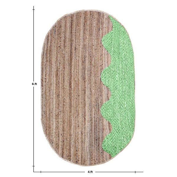 Green Beige Cotton Jute Oval Handmade Rug - Image 5
