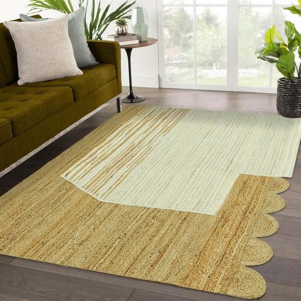 Handmade Beige White Jute Scalloped Area Rug - Image 2