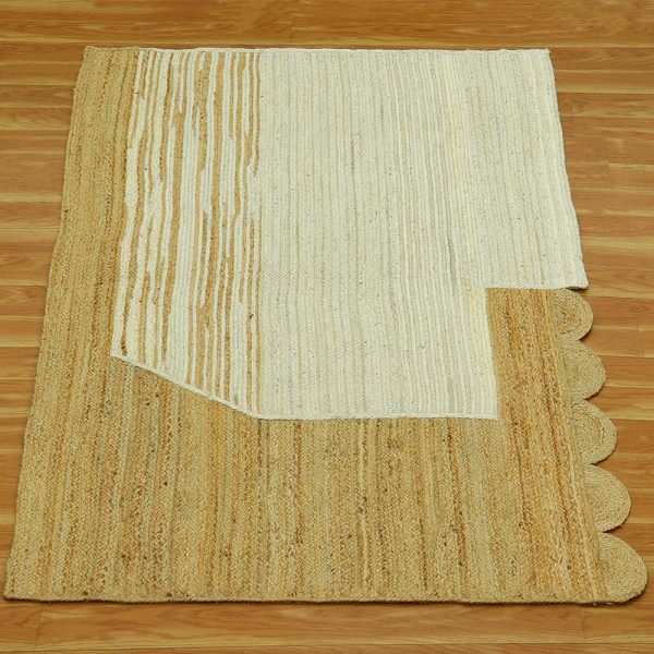 Handmade Beige White Jute Scalloped Area Rug - Image 3