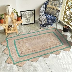 Hand Braided Jute Green Beige Geometric Rug