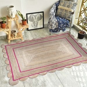 Scalloped Hand Braided Jute Beige Pink Rug