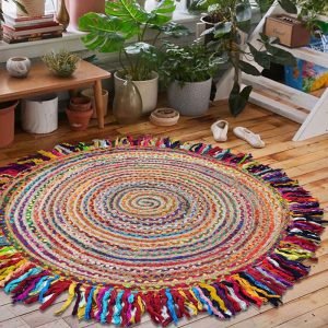 Indian Cotton Jute Multicolor Frienge Round Area Rug