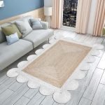 Hand Braided Scalloped White Beige Jute Rug