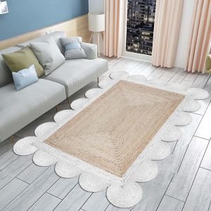 Hand Braided Scalloped White Beige Jute Rug