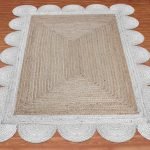 Hand Braided Scalloped White Beige Jute Rug