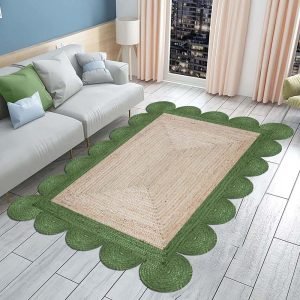 Green Beige Scalloped Jute Handmade Area Rug
