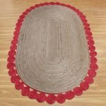 Beige Red Scalloped Bordered Oval Area Rug