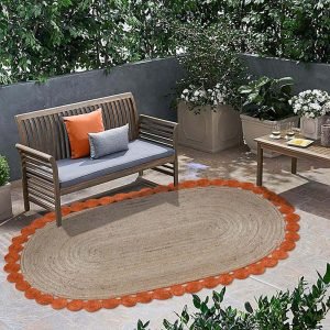 Beige Orange Scalloped Bordered Oval Area Rug