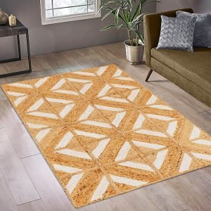 White Beige Geometric Hand Braided Jute Rug