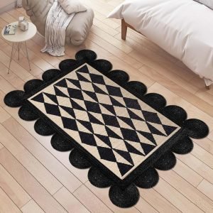 Handmade Geometric Rug Black Beige Area Rug