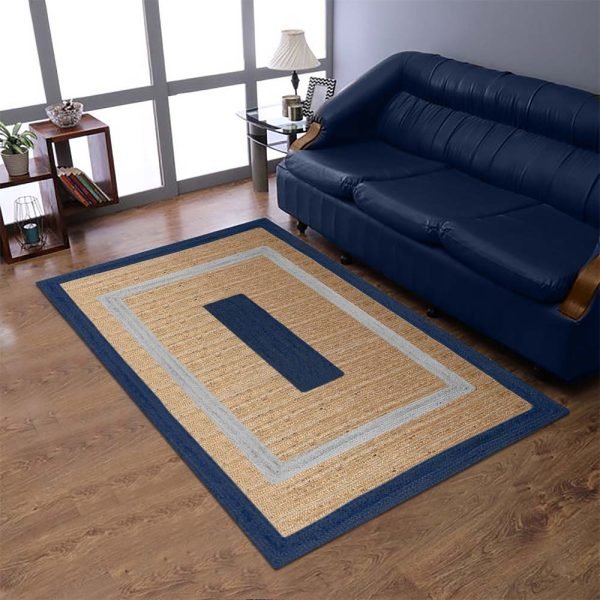 Handcrafted Blue Beige Geometric Rug - Image 2