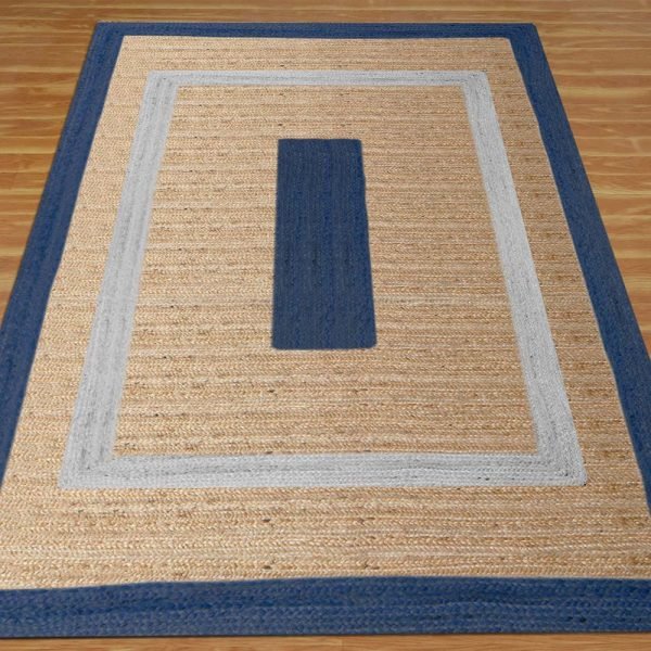 Handcrafted Blue Beige Geometric Rug - Image 3