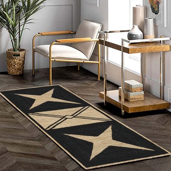 Black Beige Hand Braided Geometric Jute Rugs - Image 2