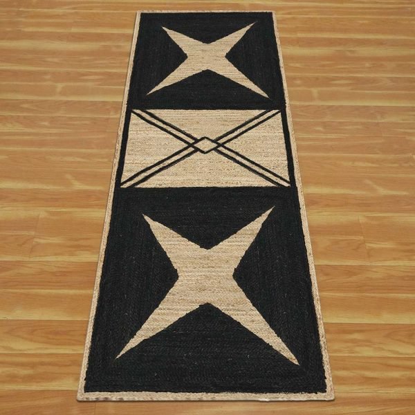 Black Beige Hand Braided Geometric Jute Rugs - Image 3