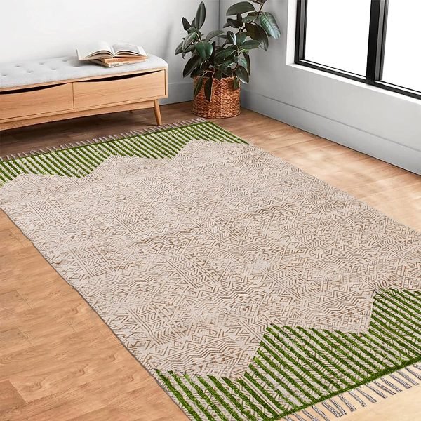 Cotton Hand Block Printed Green Area Rug - Image 2