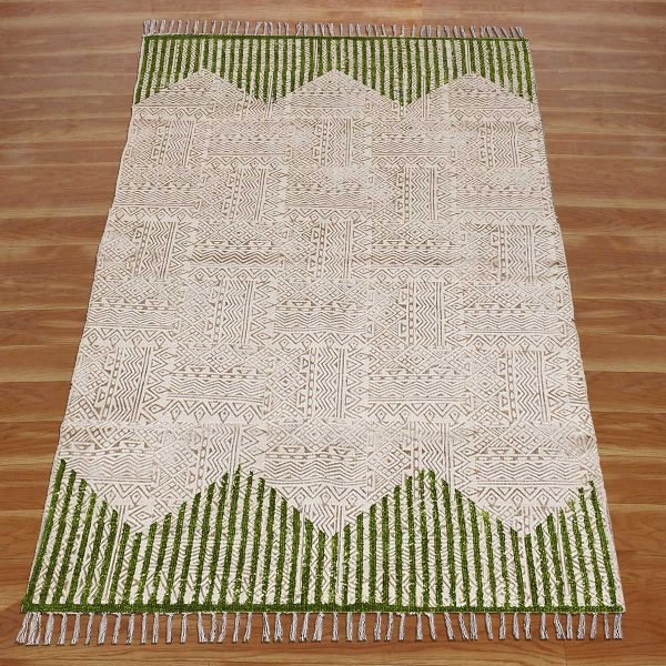 Cotton Hand Block Printed Green Area Rug - Image 3