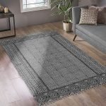Hand Block Printed Geometric Grey Cotton Rug