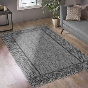 Hand Block Printed Geometric Grey Cotton Rug