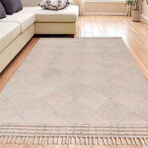 Beige Hand Block Printed Living Area Rug