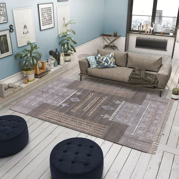 Cotton Hand Block Printed Black Grey Rug - Image 2