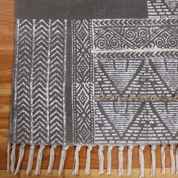 Cotton Hand Block Printed Black Grey Rug - Image 6