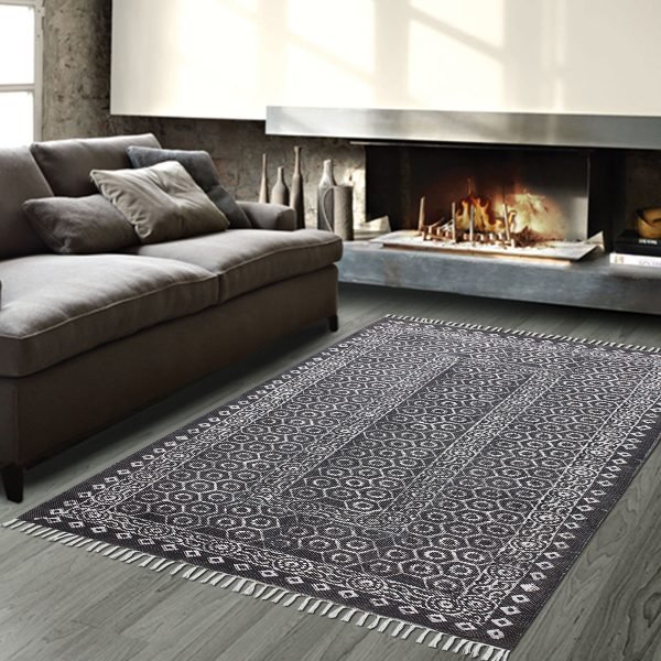 Handmade Cotton Blue Block Printed Rug - Image 2