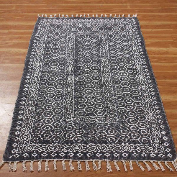 Handmade Cotton Blue Block Printed Rug - Image 3
