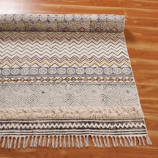 Beige Cotton Handmade Block Printed Area Rug - Image 5
