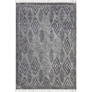 Hand Block Printed Gray Cotton Geometric Rug