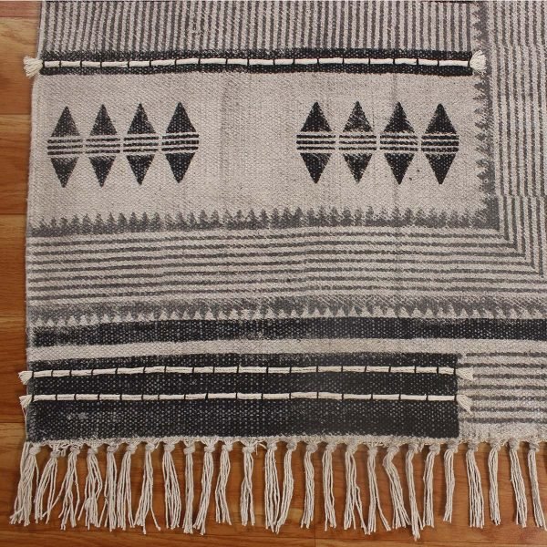 Handmade Grey Cotton Hand Block Printed Rug - Image 6