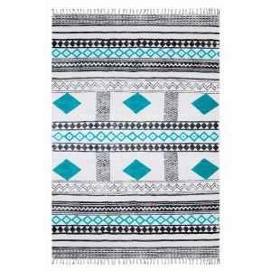 Hand Block Print Turquoise Rectangle Cotton Area Rug