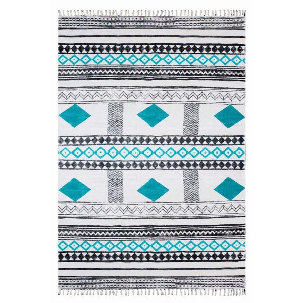 Hand Block Print Turquoise Rectangle Cotton Area Rug