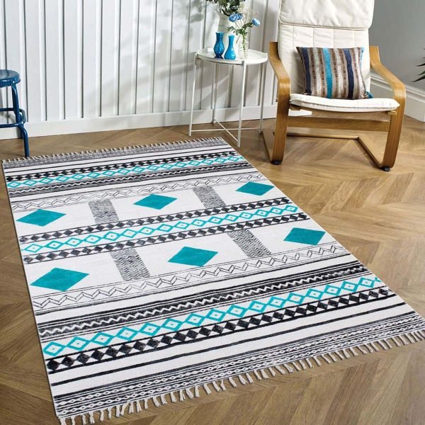 Hand Block Print Turquoise Rectangle Cotton Area Rug - Image 2