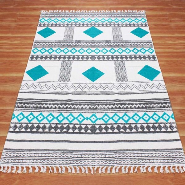 Hand Block Print Turquoise Rectangle Cotton Area Rug - Image 3