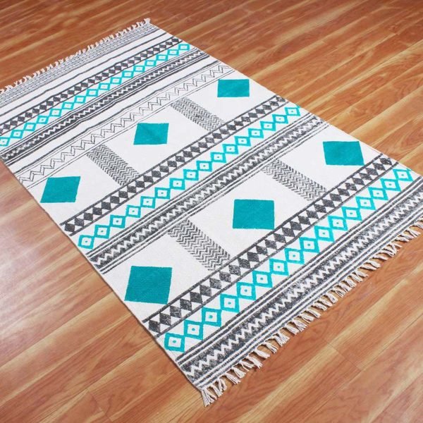 Hand Block Print Turquoise Rectangle Cotton Area Rug - Image 4