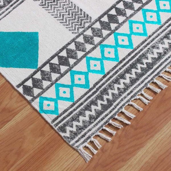 Hand Block Print Turquoise Rectangle Cotton Area Rug - Image 5