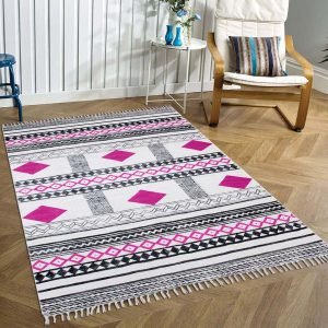 Hand Block Printed Pink Rectangle Cotton Area Rug