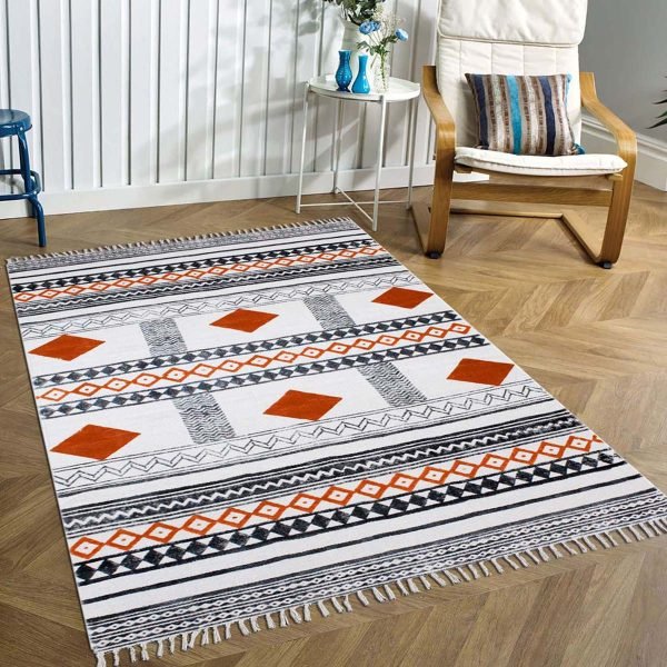 Orange Cotton Hand Block Printing Area Rug - Image 2