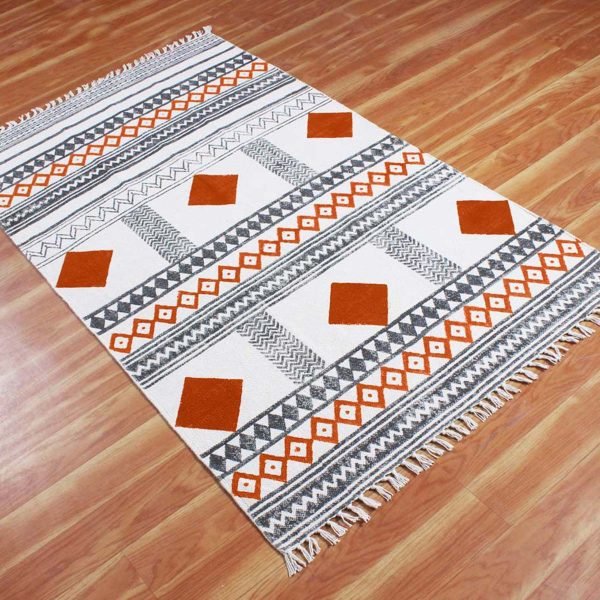 Orange Cotton Hand Block Printing Area Rug - Image 4